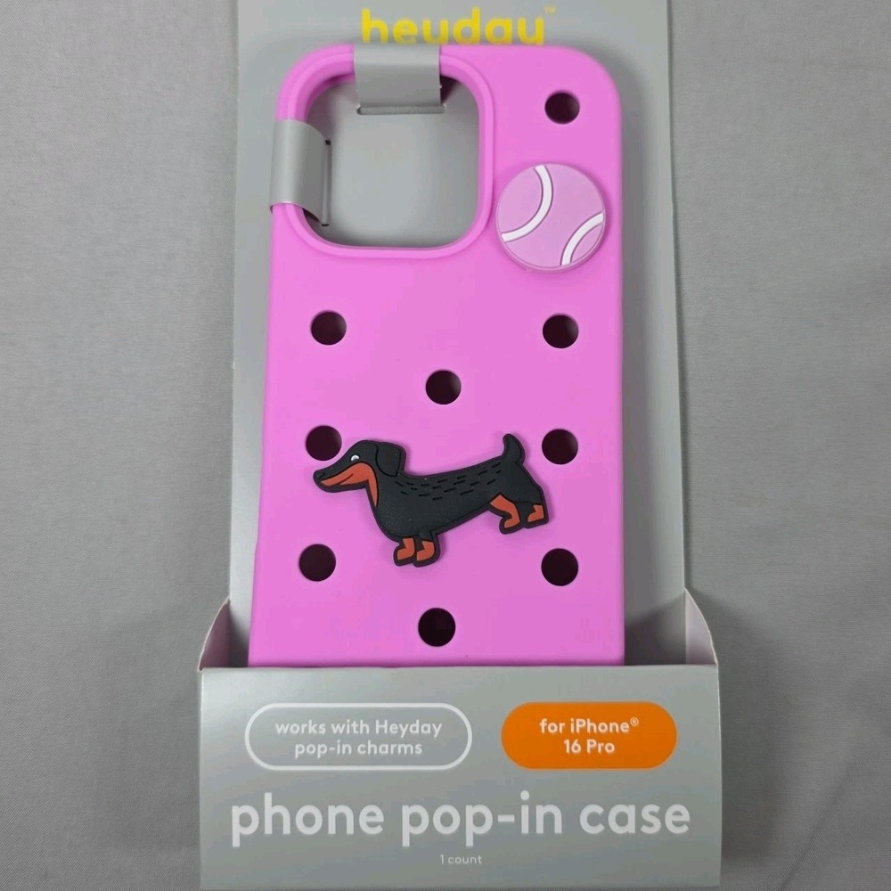Heyday Pop In Phone Case iPhone 16 Pro Silicone Charms Dachshund Dog Pink